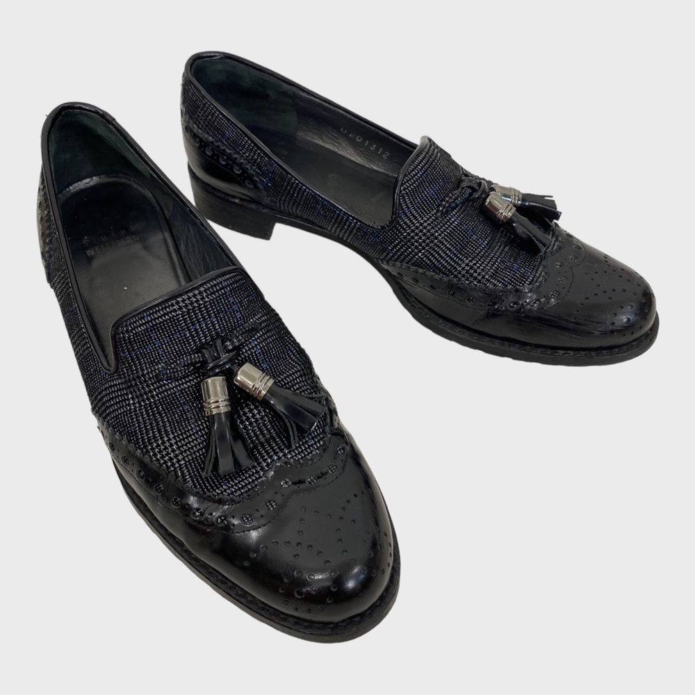Stuart Weitzman Black Patent Leather Plaid Tassel Loafers Size 6 1/2
